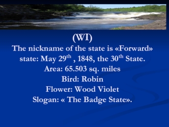 Some words about Winconsion.(WI)The nickname of the state is Forwardstate: May 29th , 1848, the 30th State.Area: 65.503 sq. milesBird: RobinFlower: Wood VioletSlogan:  The Badge State.