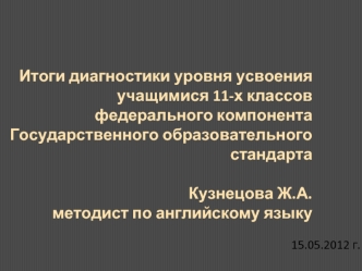 Итоги диагностики уровня усвоения учащимися 11-х классов федерального компонента Государственного образовательного стандартаКузнецова Ж.А.методист по английскому языку