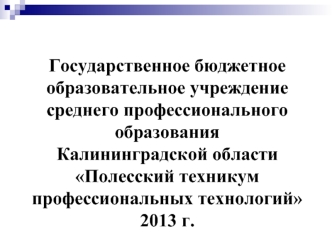 Государственное бюджетное образовательное учреждение среднего профессионального образования Калининградской областиПолесский техникум профессиональных технологий2013 г.