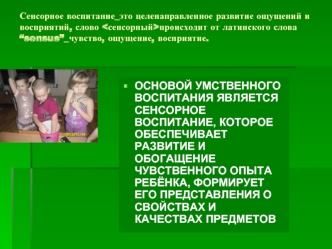 Сенсорное воспитание_это целенаправленное развитие ощущений и восприятий, слово происходит от латинского слова sensus_чувство, ощущение, восприятие. ОСНОВОЙ.