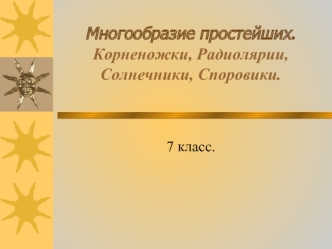 Многообразие простейших. Корненожки, Радиолярии, Солнечники, Споровики