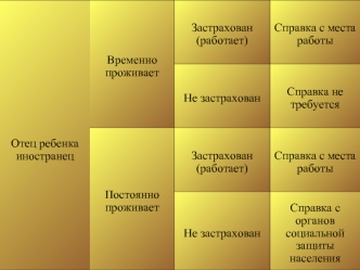 Отец ребенка иностранец Временно проживает Застрахован (работает) Справка с места работы Не застрахован Справка не требуется Постоянно проживает Застрахован.