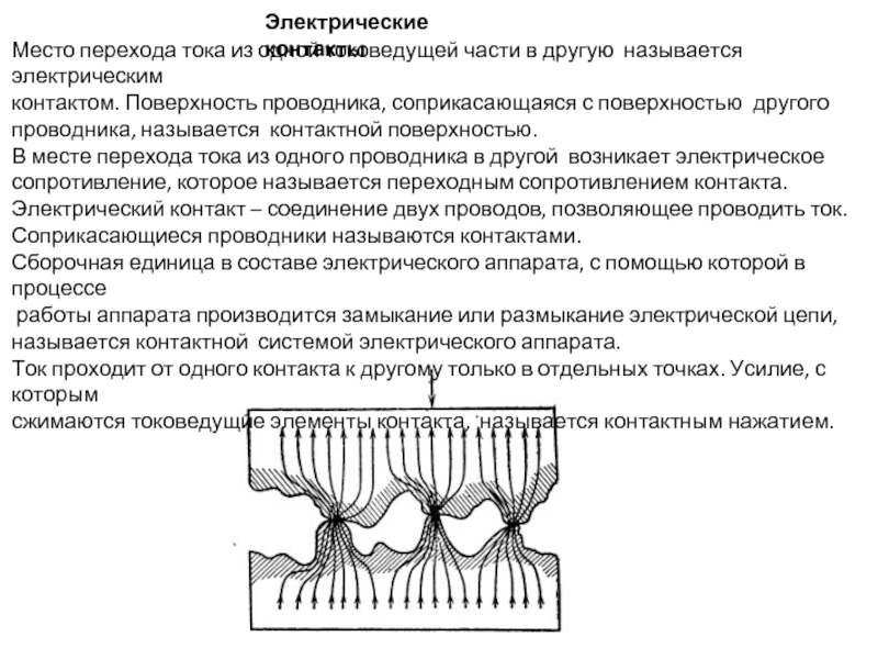 Место перехода тока из одной токоведущей части в другую называется электрическим контактом. Поверхность проводника, соприкасающаяся