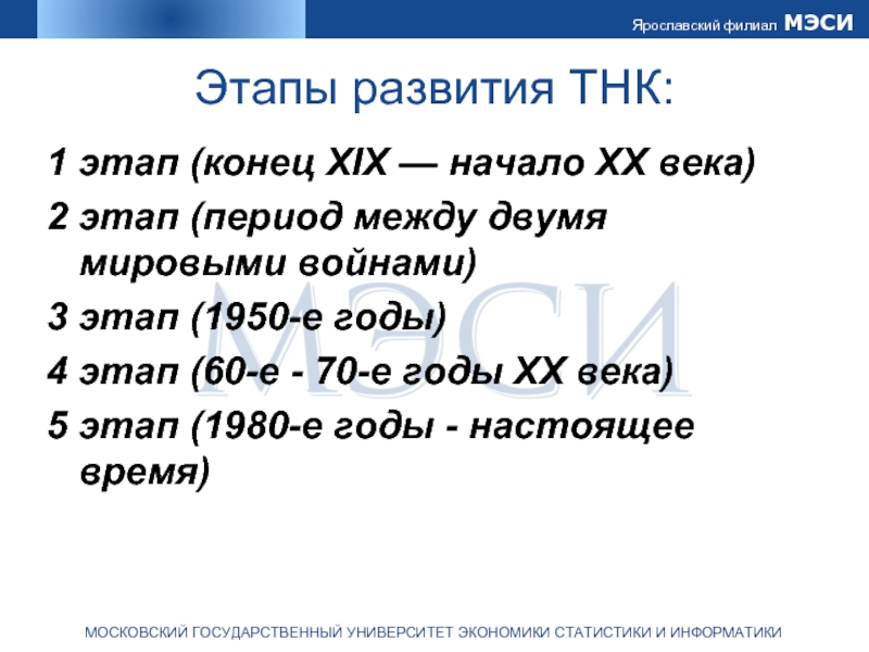 Этапы развития ТНК:1 этап (конец XIX — начало XX века) 2
