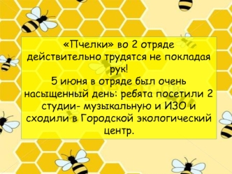 Пчелки во 2 отряде  действительно трудятся не покладая рук!
5 июня в отряде был очень насыщенный день: ребята посетили 2 студии- музыкальную и ИЗО и сходили в Городской экологический центр.