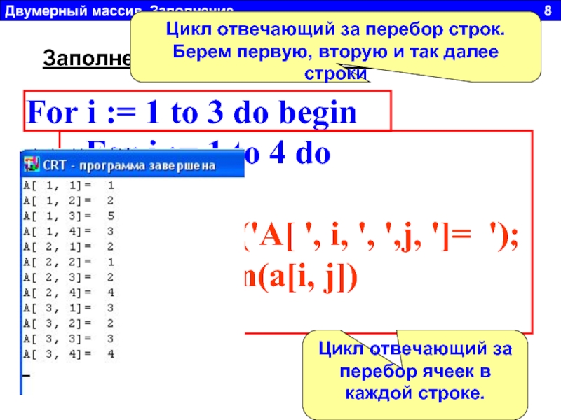 For i 1 to 3 do. Двумерный массив в Паскале 4 на 4. Цикл двумерного массива. Двумерный массив строк. Заполнение двумерного массива Паскаль.