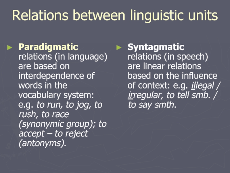 Relations between linguistic units  Paradigmatic relations (in language) are based on