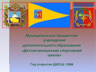 1 Муниципальное бюджетное учреждение дополнительного образования Детско-юношеская спортивная школа Год открытия ДЮСШ: 1984 Муниципальное бюджетное учреждение.
