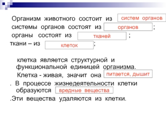 Организм  животного  состоит  из                                 
 системы  органов  состоят  из                             ;                              
 органы   состоят  из                                ;  
ткани – из                              ;