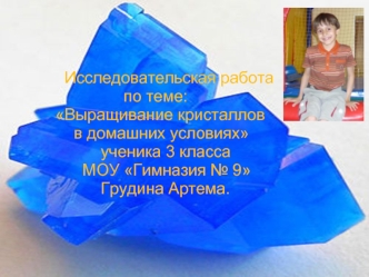 Исследовательская работа 
                     по теме:
      Выращивание кристаллов 
          в домашних условиях
                ученика 3 класса 
            МОУ Гимназия № 9
                Грудина Артема.