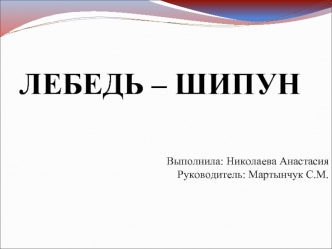 ЛЕБЕДЬ – ШИПУН




Выполнила: Николаева Анастасия
Руководитель: Мартынчук С.М.