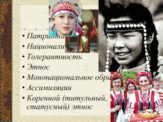 Патриотизм
Национализм
Толерантность
Этнос
Мононациональное образование
Ассимиляция
Коренной (титульный, статусный) этнос