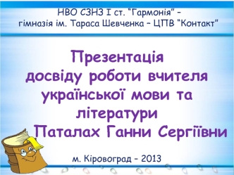 НВО СЗНЗ І ст. “Гармонія” – 
      гімназія ім. Тараса Шевченка – ЦПВ “Контакт”   
  
Презентація 
досвіду роботи вчителя української мови та літератури 
    Паталах Ганни Сергіївни 

м. Кіровоград – 2013
