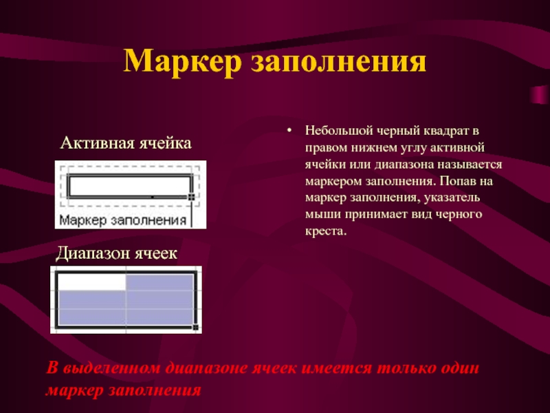 Маркер заполнения
  Небольшой черный квадрат в правом нижнем углу активной ячейки