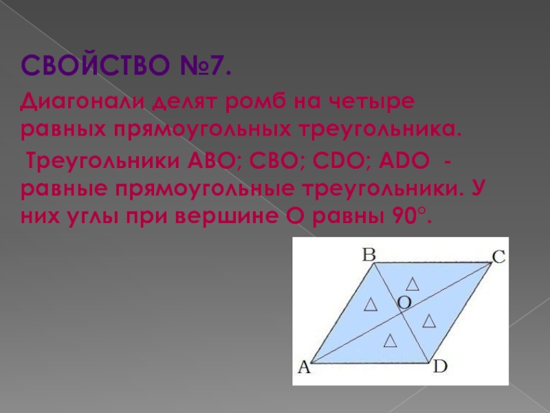 Диагонали ромба делят его пополам. Диагонали ромба точкой пересечения делятся. Диагонали ромба точкой пересечения делятся пополам. Диагонали ромба взаимно перпендикулярны. Точка пересечения диагоналей ромба.