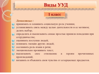 Универсальные учебные действия. Виды УУД. (1 класс)