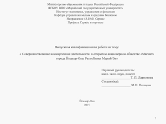 Совершенствование коммерческой деятельности в открытом акционерном обществе Магнит