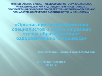 Организация взаимодействия специалистов и семьи на разных этапах образовательно-оздоровительного процесса




Воспитатель: Еремина Ольга Юрьевна


г.Нижний Новгород
2012  г.