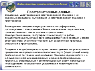 Пространственные данные - 
это данные, удостоверяющие местоположение объектов и их взаимные отношения, вытекающие из местоположения объектов в пространстве

Такие данные создаются в результате картографирования, дистанционного зондирования Земли, выполнен