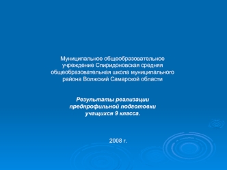 Муниципальное общеобразовательное учреждение Спиридоновская средняя общеобразовательная школа муниципального района Волжский Самарской области


Результаты реализации 
предпрофильной подготовки 
учащихся 9 класса.



	2008 г.
