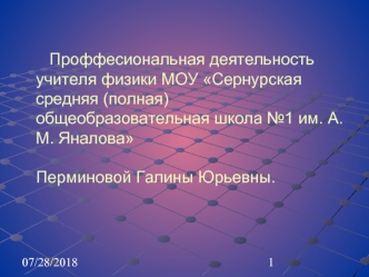 Проффесиональная деятельность учителя физики МОУ Сернурская средняя (полная) общеобразовательная школа №1 им. А.М. ЯналоваПерминовой Галины Юрьевны.