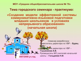 МОУ Средняя общеобразовательная школа № 76

Тема городского семинара - практикума:

Создание  модели  эффективной  системы  коммуникативно-языковой подготовки младших школьников   в условиях непрерывного образования
 (начальная школа)