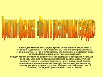 Урок по физике 
Токи в различных средах