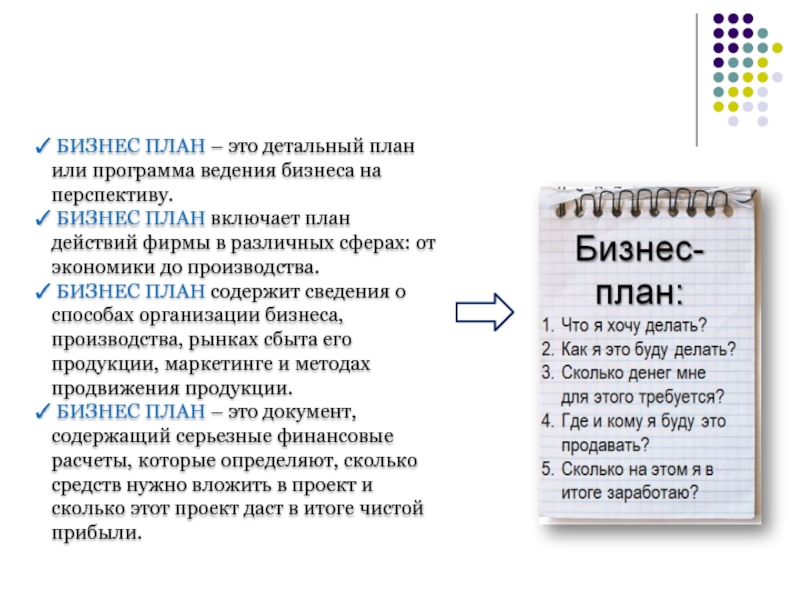 БИЗНЕС ПЛАН – это детальный план или программа ведения бизнеса на перспективу.   БИЗНЕС ПЛАН