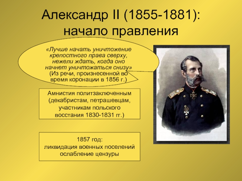 Александр II (1855-1881):  начало правления«Лучше начать уничтожение крепостного права сверху,