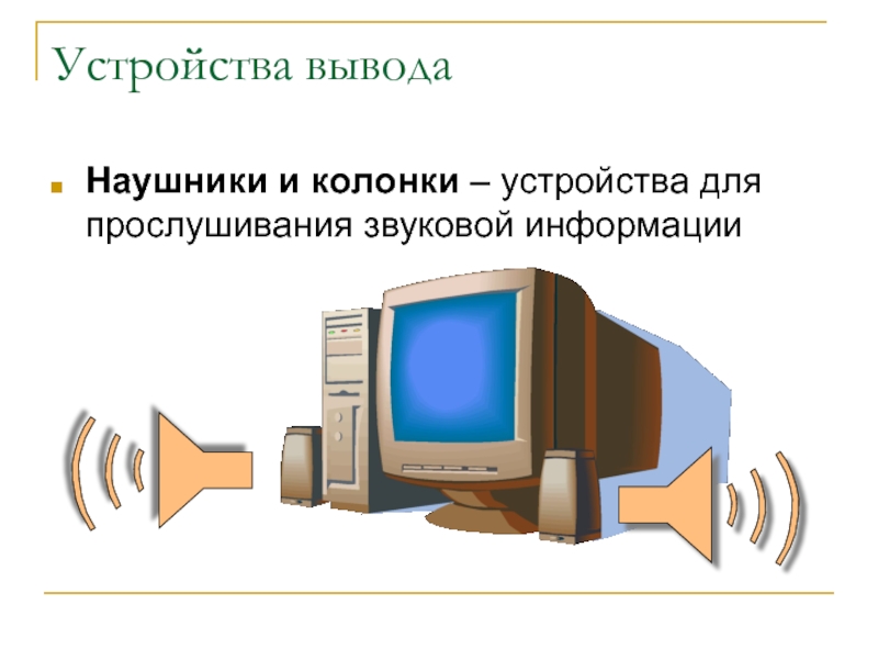 Устройство для вывода звуковой информации. Устройства вывода звуковой информации. Устройства вывода информации колонки. Устройство колонки. Наушники устройство вывода.