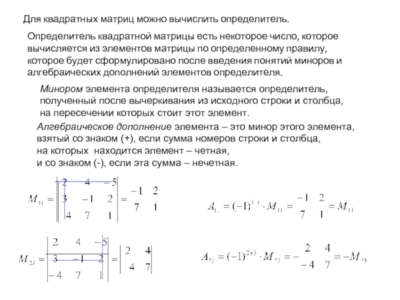 Миноры и алгебраические дополнения матрицы. Миноры и алгебраические дополнения элементов определителя. Определитель прямоугольной матрицы. Определитель квадратной матрицы.