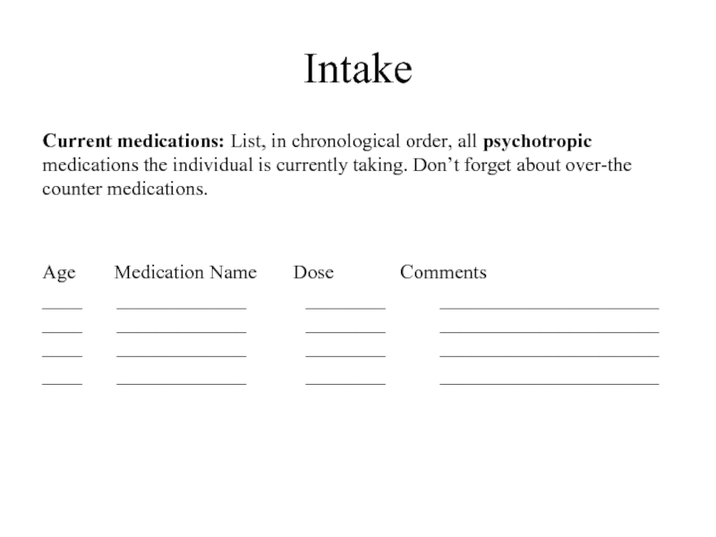 IntakeCurrent medications: List, in chronological order, all psychotropic medications the individual