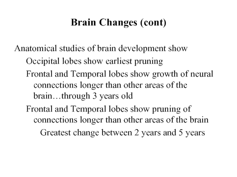 Brain Changes (cont)Anatomical studies of brain development show  	Occipital lobes