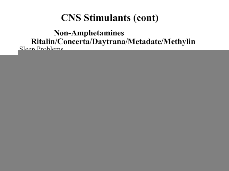 CNS Stimulants (cont)			Non-Amphetamines	Ritalin/Concerta/Daytrana/Metadate/MethylinSleep ProblemsNervousnessAgitation/Aggression	CylertInsomniaDepressionIrritability	FocalinNervousnessSleep Problems
