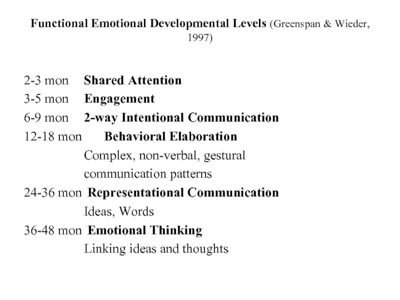 Functional Emotional Developmental Levels (Greenspan & Wieder, 1997) 2-3 mon 	Shared