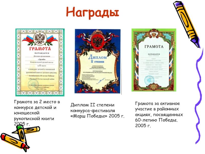НаградыГрамота за 2 место в конкурсе детской и юношеской рукописной книги