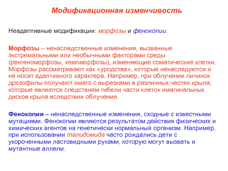 Изменчивость носит. Морфозы и фенокопии. Длительные модификации. Адаптивная изменчивость. Адаптивный характер модификационной изменчивости.