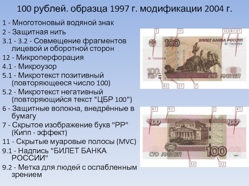 Оборотная сторона купюры. 100 Рублей образца 1997 года модификации 2004. 100 Рублей образца 1997. Лицевая и оборотная сторона купюры. Модификация 100 рублей 1997 года.