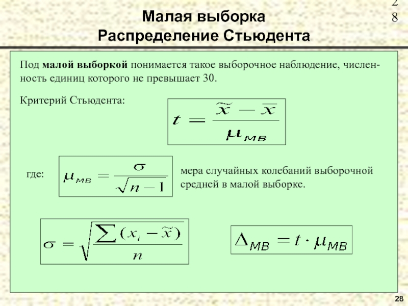 28  Малая выборка
 Распределение Стьюдента Под малой выборкой понимается такое выборочное