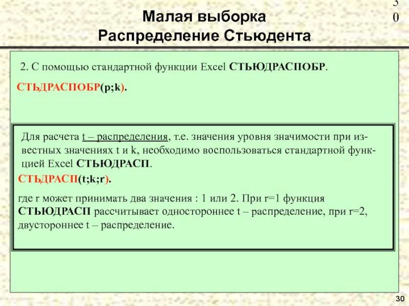 30  Малая выборка
 Распределение Стьюдента