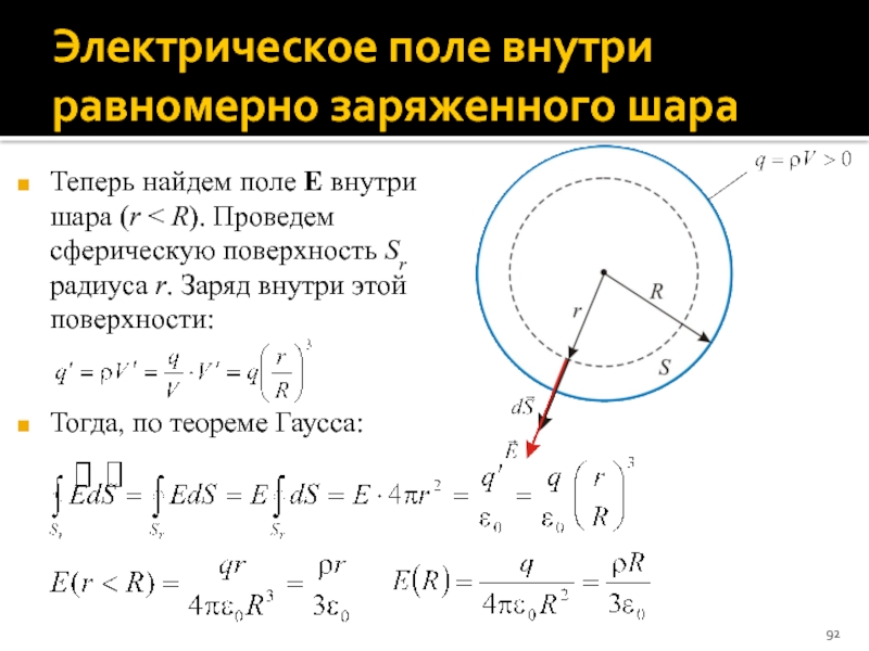 Электрическое поле сферы. Электростатическое поле равномерно заряженного шара по Гауссу. Электрическое поле внутри шара. Напряженность внутри шара. Электрическое поле равномерно заряженного шара.