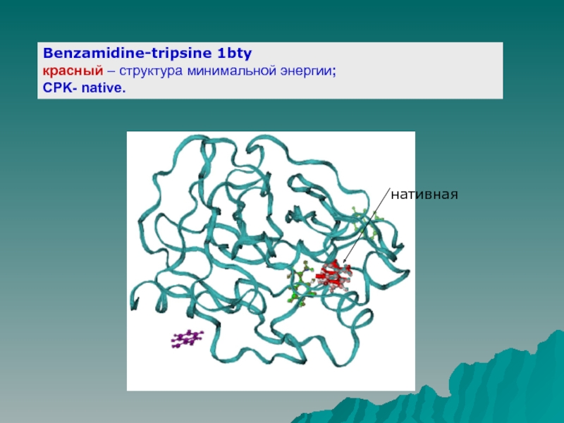 Минимальная структура. Моделирования взаимодействия белка. Красный структура ЛСП. Окраска белка CPK. Бензамидин.