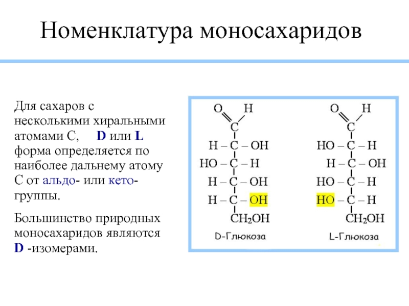 Номенклатура моносахаридов Для сахаров с несколькими хиральными атомами С, D или L форма определяется