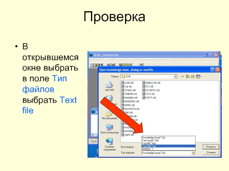 ПроверкаВ открывшемся окне выбрать в поле Тип файлов выбрать Text file