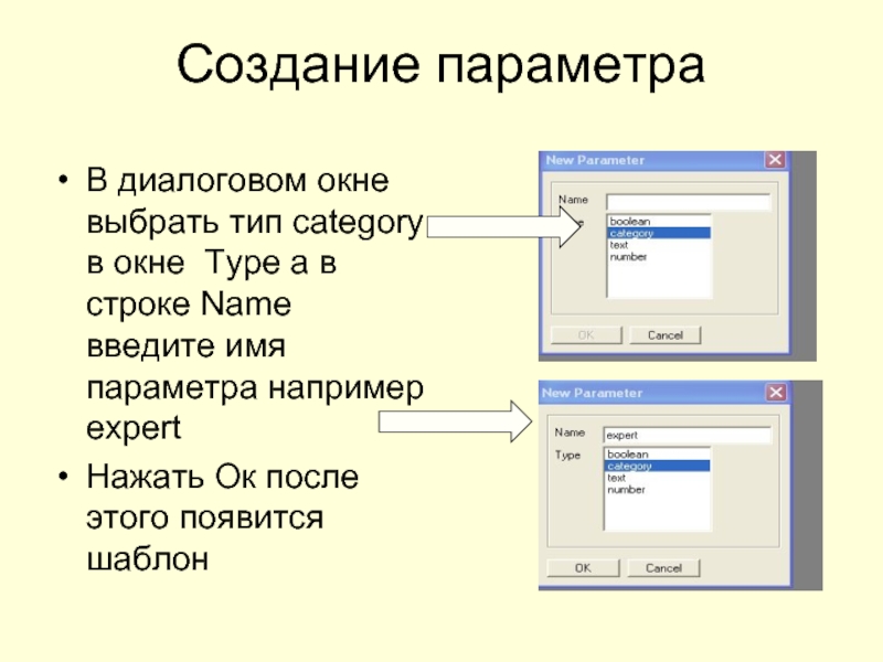Создание параметраВ диалоговом окне выбрать тип category  в окне Type