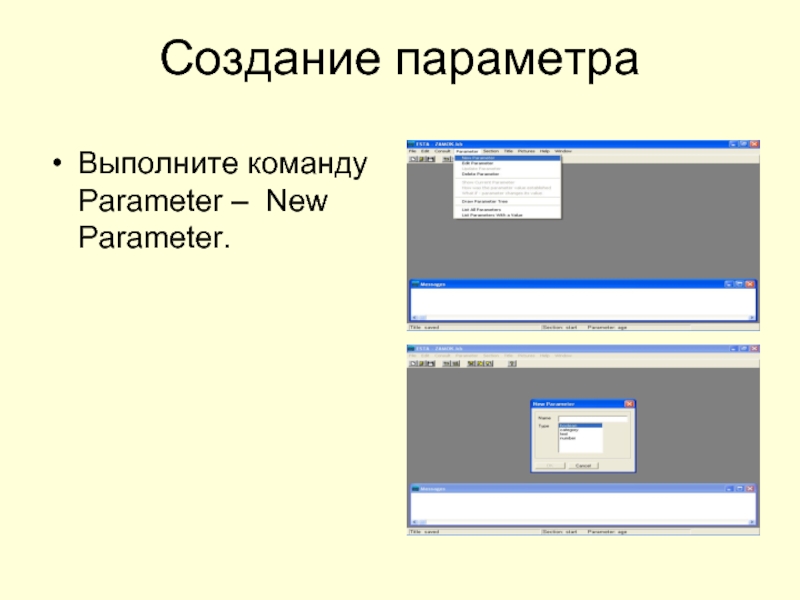 Создание параметраВыполните команду Parameter – New Parameter.