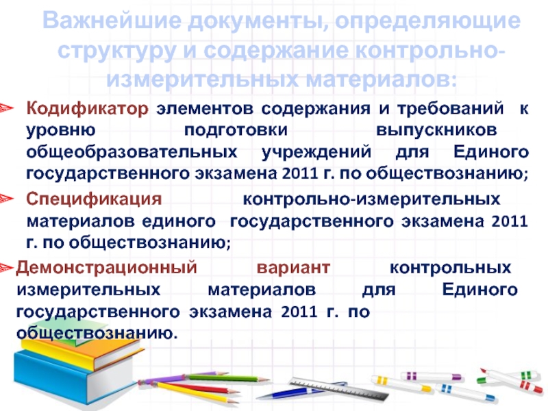 Важнейшие документы, определяющие структуру и содержание контрольно-измерительных материалов: Кодификатор элементов содержания и требований к уровню подготовки выпускников