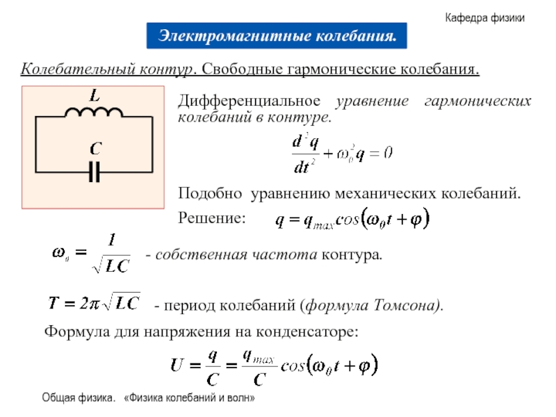 Частота колебаний конденсатора. Период колебаний в колебательном контуре формула. Формула частоты собственных колебаний в колебательном контуре. Электромагнитные колебания колебательный контур формула Томсона. Уравнение свободных электромагнитных колебаний. Формула Томсона.