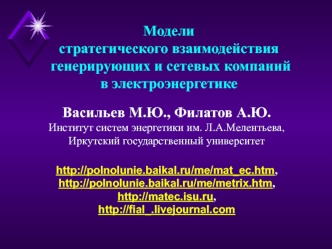Васильев М.Ю., Филатов А.Ю.
Институт систем энергетики им. Л.А.Мелентьева,
Иркутский государственный университет