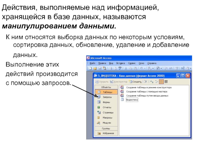 Данные выполнено. Удаление и сортировка данных. Сортировка данных выполняет действия. Действия, выполняемые над информацией, называются. Действия над объектами БД.